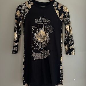 Harry Potter Black & Gold Marauders Map Kids Nightgown 10/12 Girls Long Sleeve